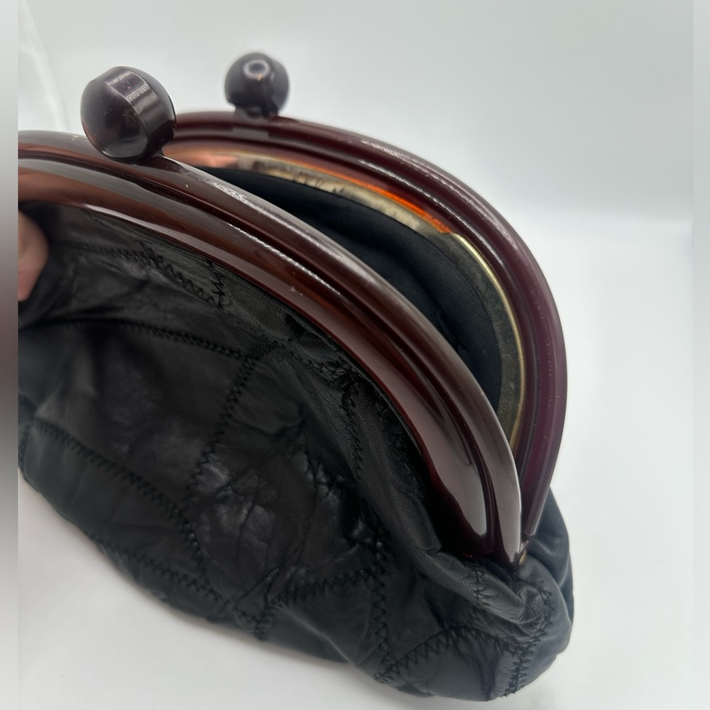 Vintage Leather Patchwork Clutch Purse Bag with Acrylic closure Black - Picture 8 of 8